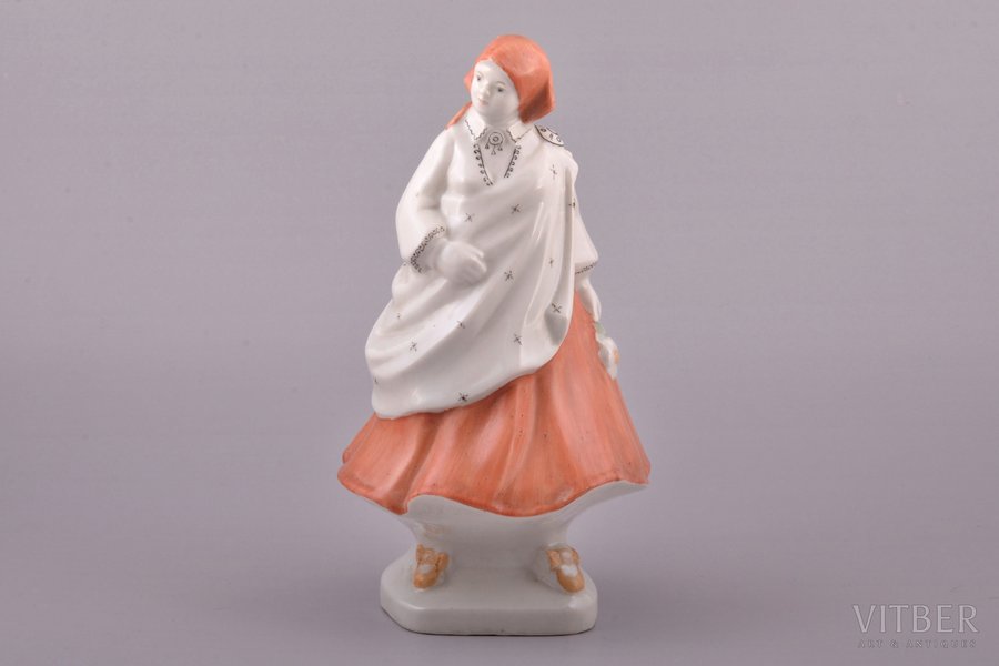 figurine, Girl in traditional costume, porcelain, Riga (Latvia), USSR, sculpture's work, molder - Aldona Elfrida Pole-Abolina, 1961, 21.5 cm