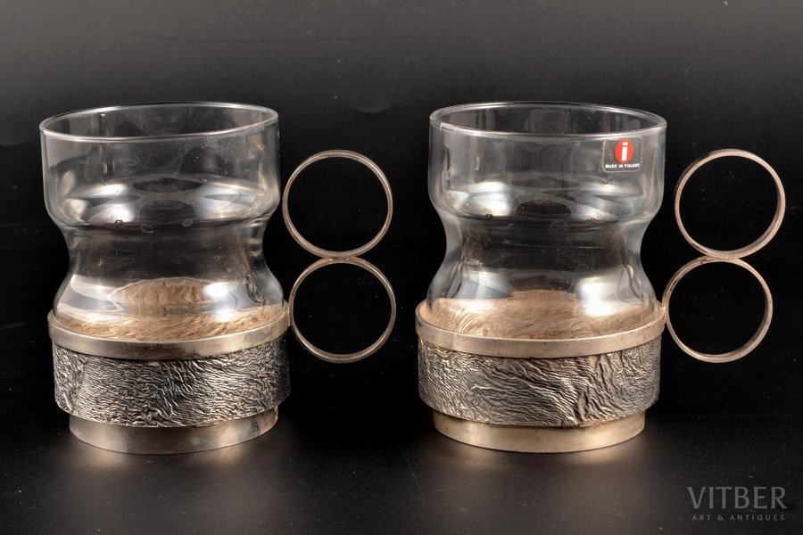pair of tea glass-holders, silver, "Nugget", 830 standard, approximate total weight of items (without glass) 118.4, gilding, with glasses, h (with handle) 8 cm, 1971, Finland