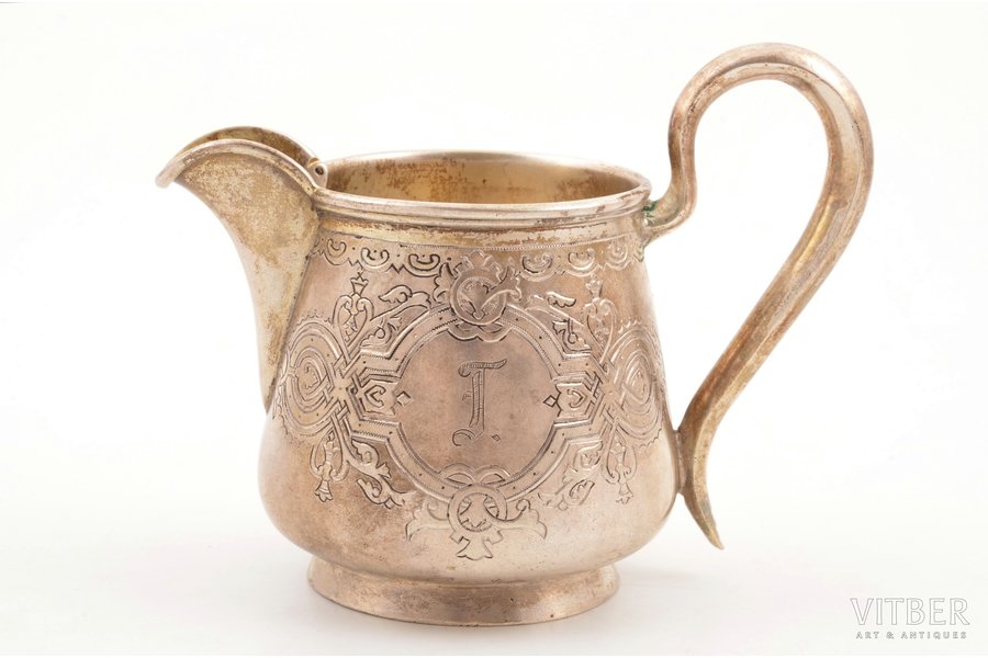 cream jug, silver, 84 standard, 115.05 g, engraving, h (with handle) 9.1 cm, workshop of Sergey Agafonov, 1891, Moscow, Russia