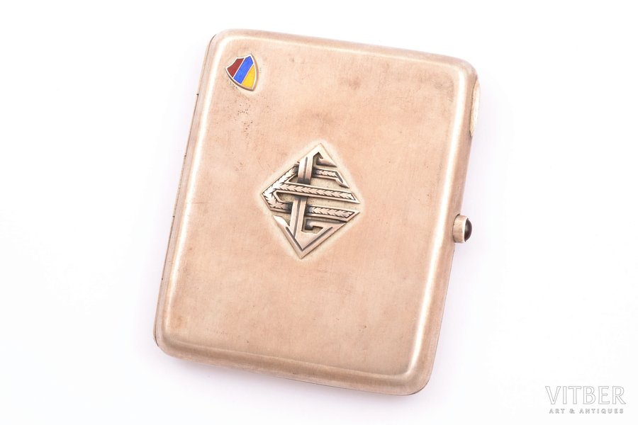cigarette case, silver, "Latvia" corporation, 875 standard, 104.05 g, enamel, 8.9 x 7.8 x 1.2 cm, the 20-30ties of 20th cent., Latvia