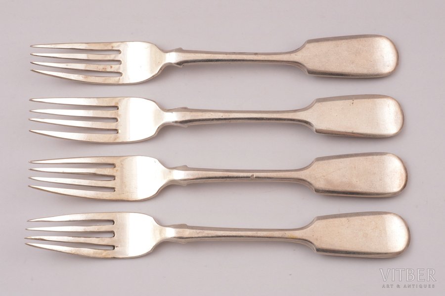 set of forks, silver, 4 pcs., 84 standard, total weight of items 193.35, 17.7 cm, workshop of Samuel Zacharias Filander, 1877, St. Petersburg, Russia