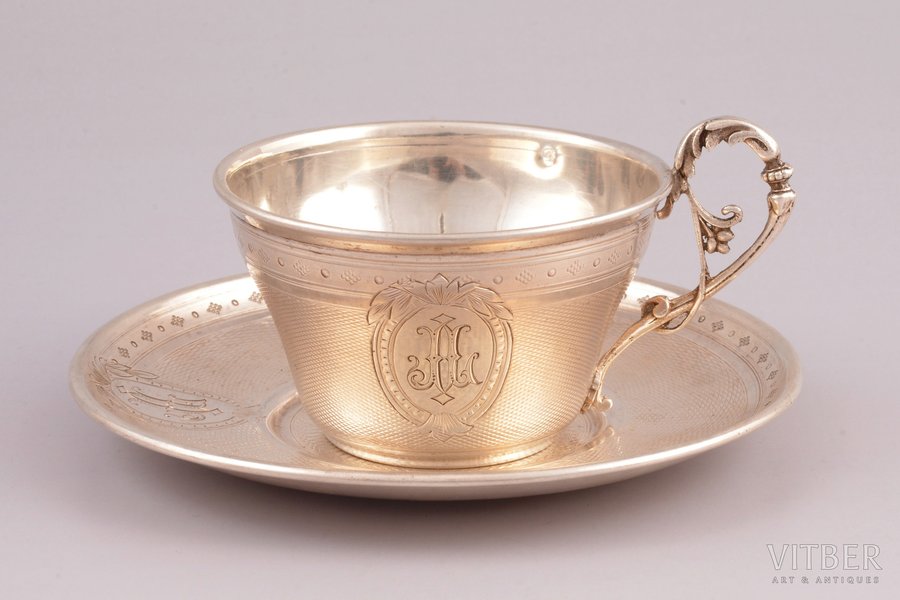 tea pair, silver, 950 standard, total weight of items 123.70, h (cup with handle) 5.5 cm, Ø (saucer) 12.6 cm, France