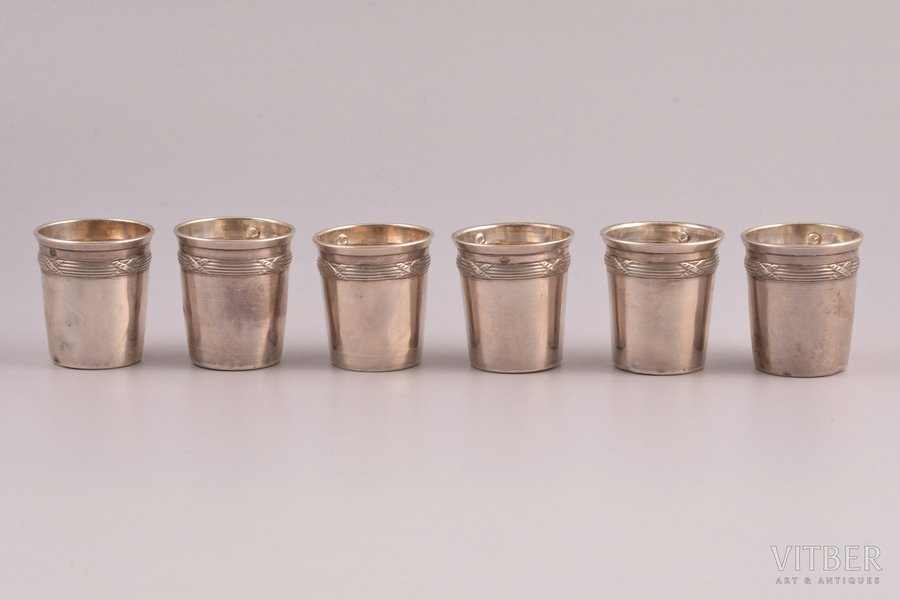 set of 6 beakers, silver, 950 standard, total weight of items 54.35, 3.9 cm, France, there are dents