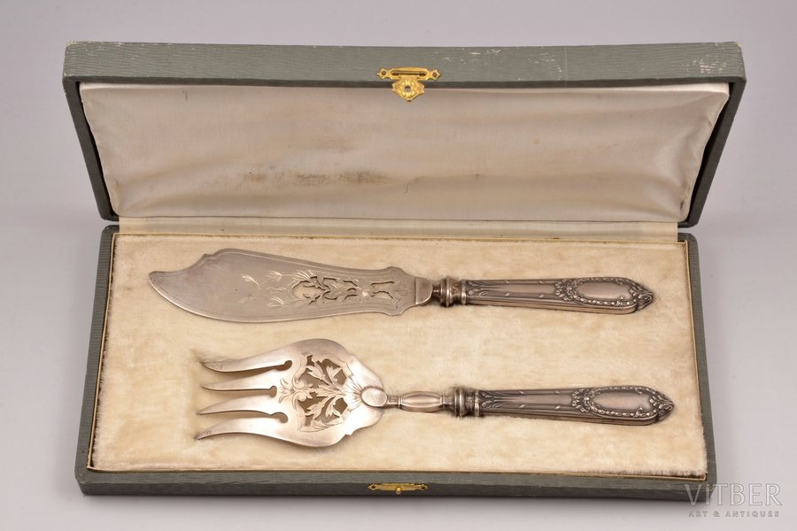 fish serving set, 2 items, silver/metal, 950 standart, France, 28.5 / 26 cm, in a box