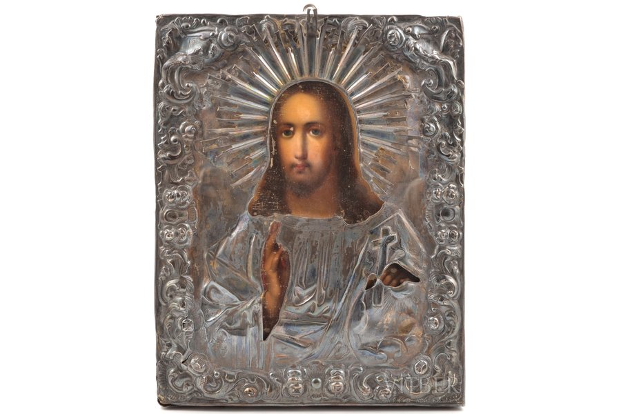icon, Jesus Christ Pantocrator, board, silver, painting, 84 standard, by Bogdanov Trofim Semyonov, Russia, 1861, 22.4 x 17.6 x 1.9 cm, weight of silver oklad 104.60 g