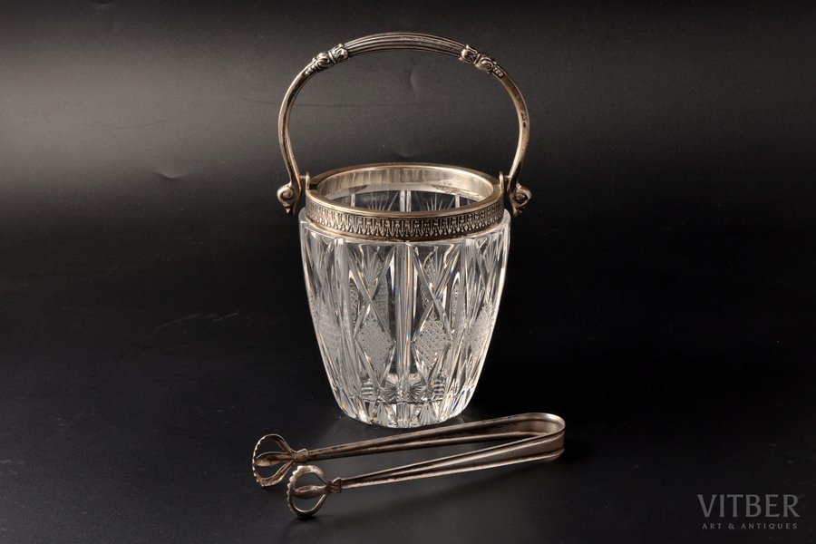 ice bucket with ice tongs, silver, 835, 830H standart, crystal, tongs weight 40.05g, bucket height with handle 21.5 cm, tongs 17.2 cm, import hallmark of Finland