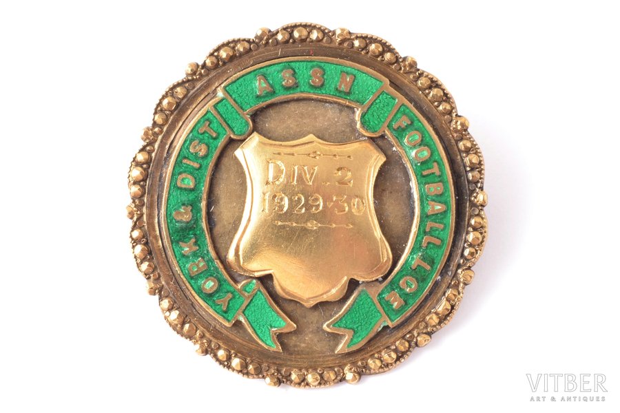 jetton, York City & District Football League Association, Division 2; with gold detail, silver, enamel, 925 standard, Great Britain, 1929-1930, 30.7 x 30.6 mm