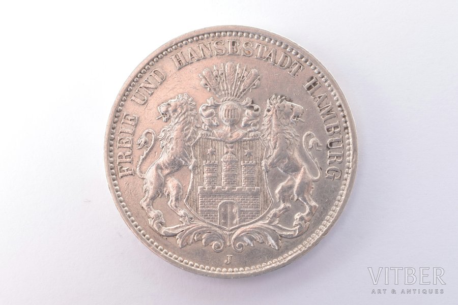 3 марки, 1912 г., J, серебро, Германия, 16.62 г, Ø 33.3 мм, XF
