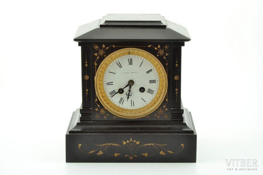 mantel colck, "George Barnes", France, black slate, 8200 g, 23.9 x 22.3 x 15 cm, in working condition