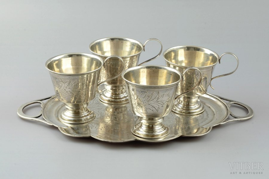 set of 4 tea cups and a tray, silver, 84 standart, engraving, 1896, total weight of items 437.35g, Minsk, Russia, tray 28.8 x 19.2 cm, cup h 7.8 cm