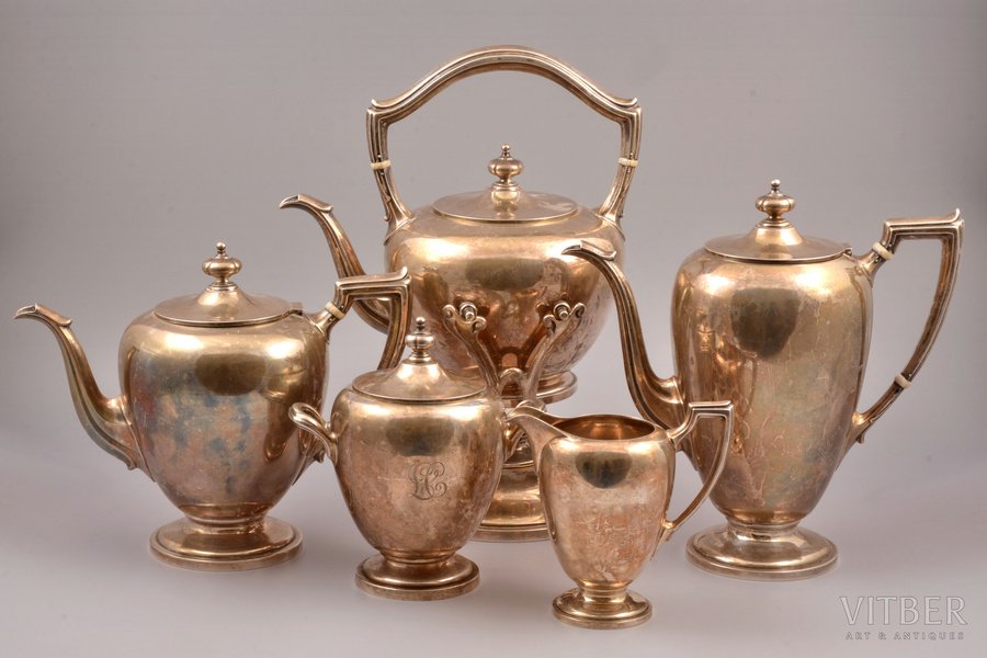 service, silver, 5 items, 925 standard, total weight of items 4126.90, h 13-31 cm, the beginning of the 20th cent., USA, teapot with dent