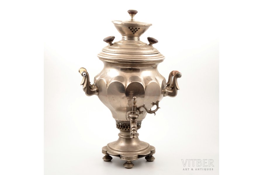 samovar, Warszawa, Norblin(?), brass, nickel plating, Russia, Congress Poland, the border of the 19th and the 20th centuries, h 45.5 cm, weight 4150 g, volume 3 l., does not leak