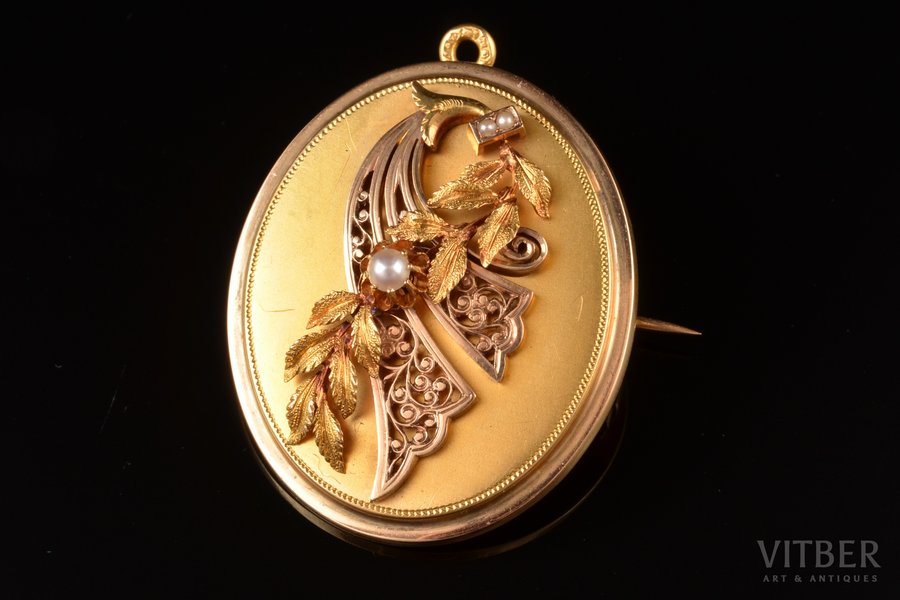 pendant-brooch, gold, 18 k standard, 14.41 g., the item's dimensions 4.2 x 3.2 cm, pearl