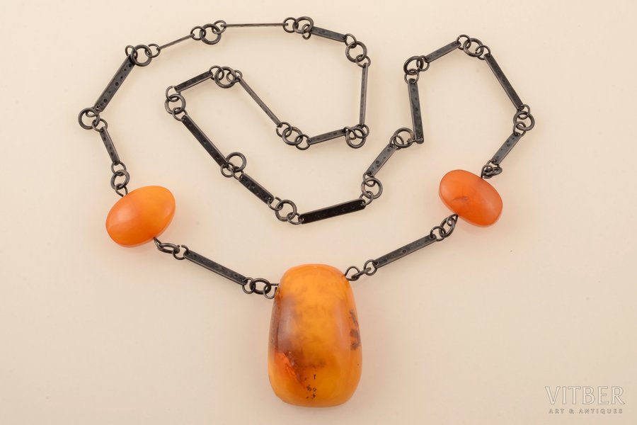 a necklace, amber, size of the largest amber stone 5.2 x 3.3 x 1.8 cm, silver, 875 standart, weight 53.85 g, 1964, Kaliningrad Amber Plant, Latvia, USSR, necklace lenghth 72 cm