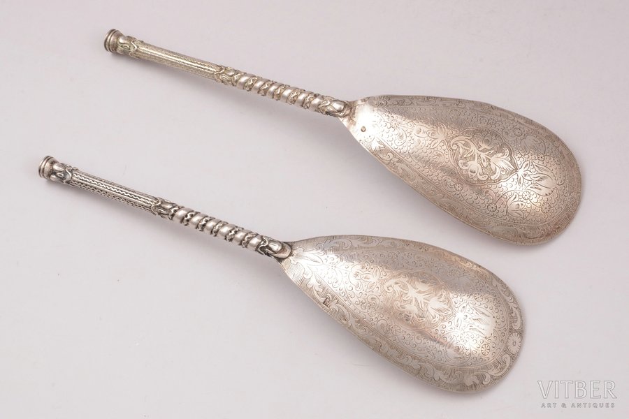 pair of spoons, silver, 84 standard, total weight of items 104.20, engraving, 19 cm, 1860, Kostroma, Russia