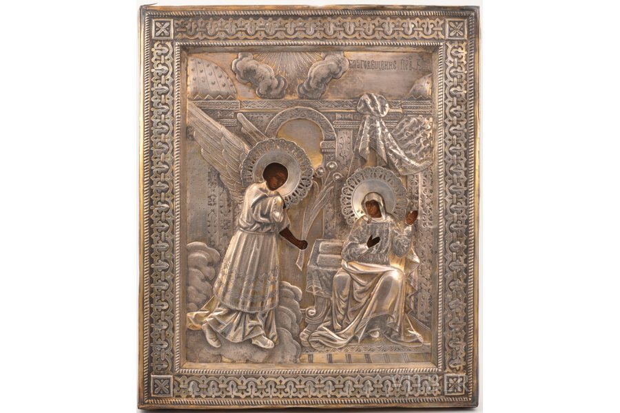 icon, Annunciation of Our Lady, board, silver, painting, 84 standard, Russia, 1898-1904, 31.6 x 27 x 2.8 cm, weight of silver oklad 410 g, Saint Petersburg
