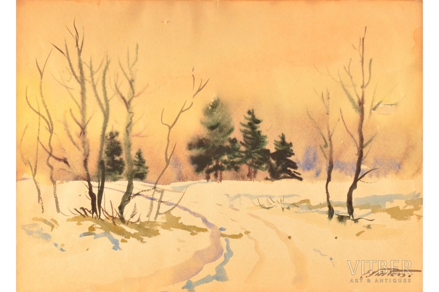 Винтерс Эдгарс (1919-2014), "Зимний пейзаж", бумага, акварель, 19.8 x 27.3 см