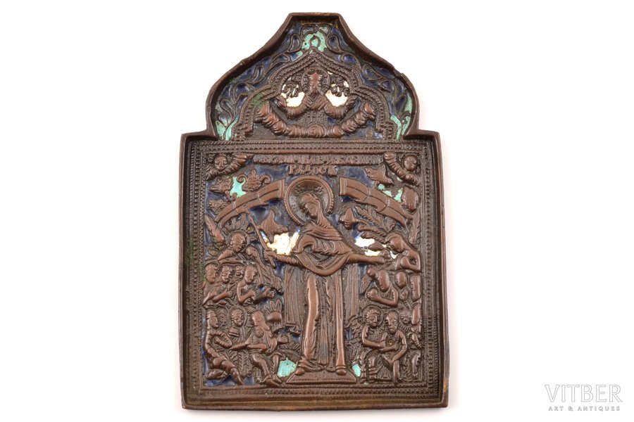 ikona, Dievmāte Visu sērojošo Prieks, bronza, 3-krāsu emalja, Krievijas impērija, 19. gs., 11.8 x 7.9 x 0.4 cm, 159 g.