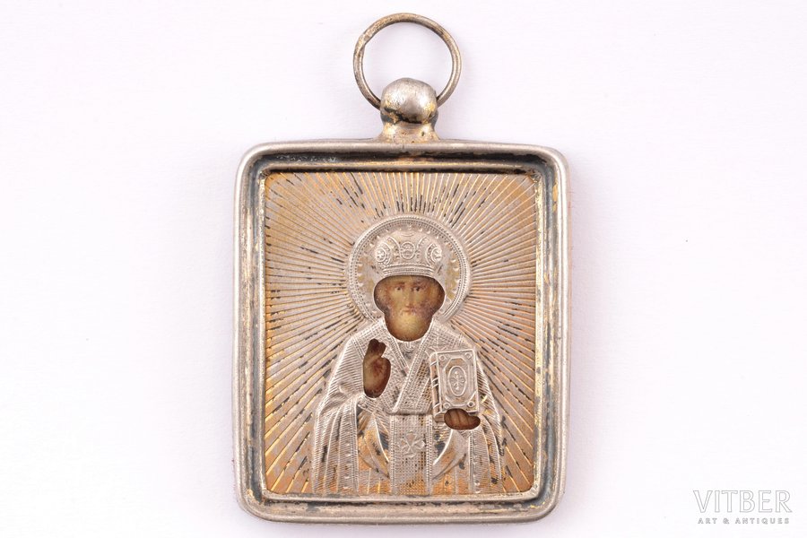 ikona, Svētais Nikolajs Brīnumdarītājs, sudrabs, gleznošana uz cinka, 84 prove, Krievijas impērija, 1896-1907 g., 4.4 x 3.4 x 0.35 cm, uzlikas svars 3.95 g