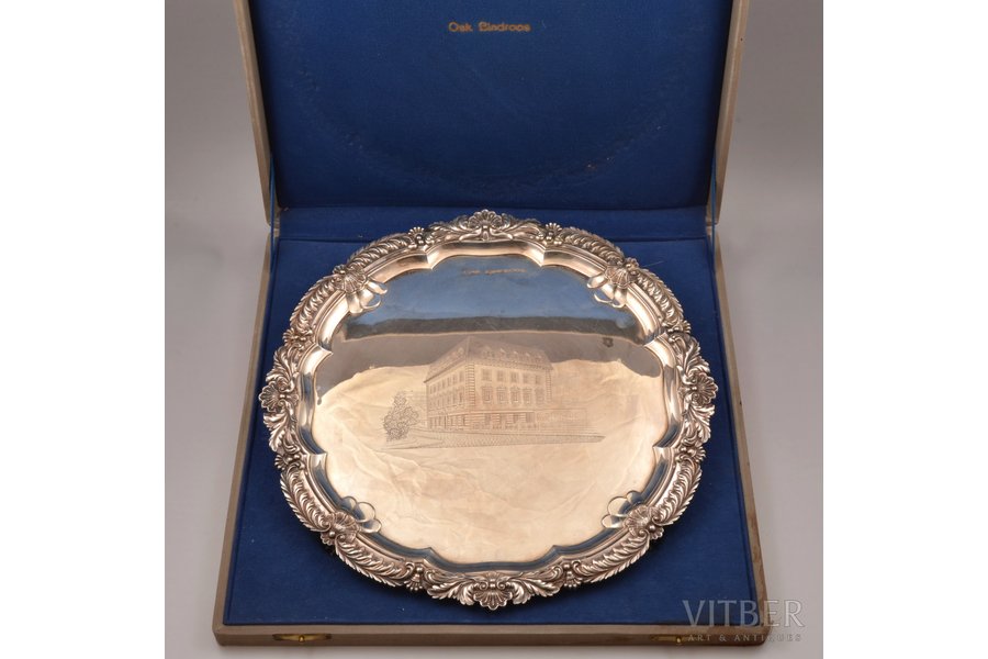 tray, silver, 925 standard, 1450.30 g, engraving, Ø 37.2 cm, James Deakin & Sons, Sheffield, Great Britain, in a box