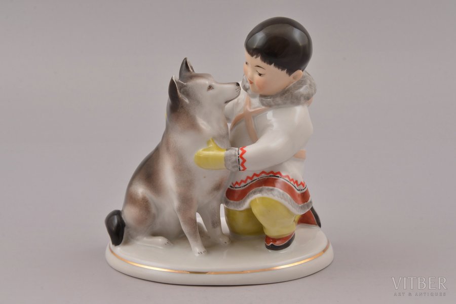 figurine, Yakut boy with dog, porcelain, USSR, LFZ - Lomonosov porcelain factory, molder - S.B. Velihova, the 70-80ies of 20th cent., h 13.4 cm, micro chip on the dog's ear