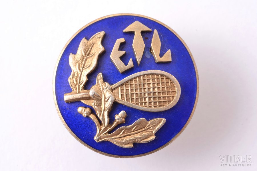 badge, ETL, tennis, Estonia, 20-30ies of 20th cent., 18.5 x 18.5 mm, small chip on the surface of enamel