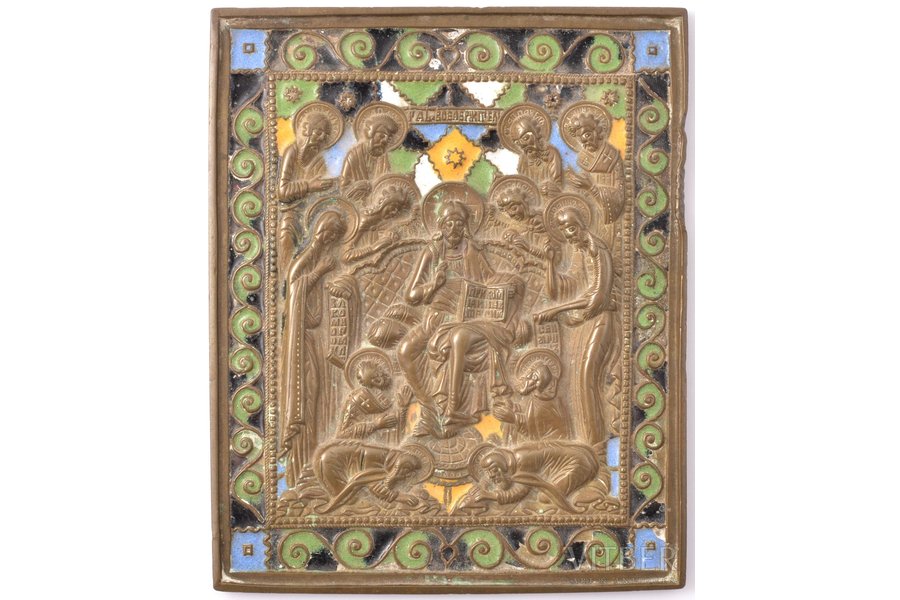 ikona, Jēzus Kristus tronī, vara sakausējuma, 5-krāsu emalja, Krievijas impērija, 19. gs. beigas, 12.9 x 10.5 x 0.5 cm, 549.65 g.