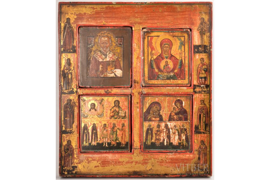 četrdaļīga ikona, Jēzus Kristus Pantokrators (Visavaldītājs), Dievmāte, Svētais Nikolajs Brīnumdarītājs, izvēlēti svētie, dēlis, gleznojums, zeltījums, Krievijas impērija, 34.2 x 30.1 x 2.8 cm