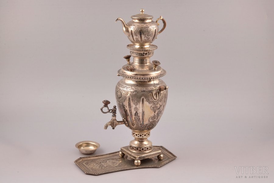mini set: samovar, teapot, tray, silver, 84 standart, engraving, the border of the 19th and the 20th centuries, 1064.10 g, samovar 774.30 g + teapot 128.20 g + tray161.60g, Persia, h (samovar) 23.7 cm, h (teapot) 7.6 cm, tray 20.2 x 12.5 cm