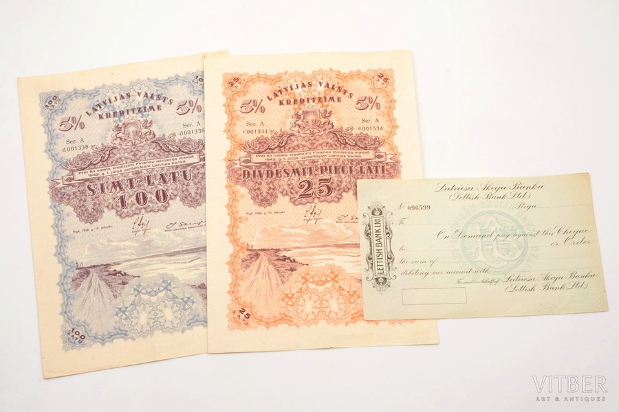 3 kredītbiļešu komplekts, 100 latu, 25 lati - Ķeguma spēkstacijas būves finansēšanai, Latviešu Akciju bankas kredītzīme, 1938 g., Latvija