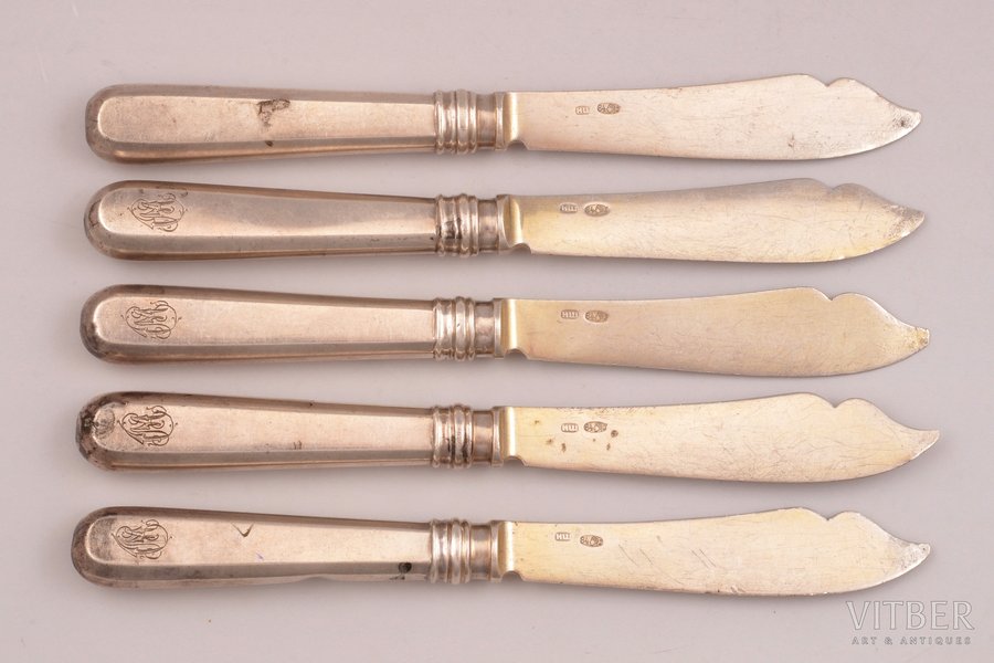 set of 5 fruit knives, silver, 84 standard, total weight of items 215.65, 17.8 cm, 1896-1907, Vilna, Russia, Lithuania