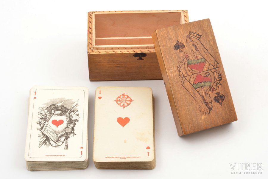 set of playing cards, 2 sets (36 + 36 pcs.), Latvia, 20-30ties of 20th cent., in a wooden box, box size 6.8 x 11 x 6 cm, publisher: Latvijas Vērtspapīru Spiestuve, Riga