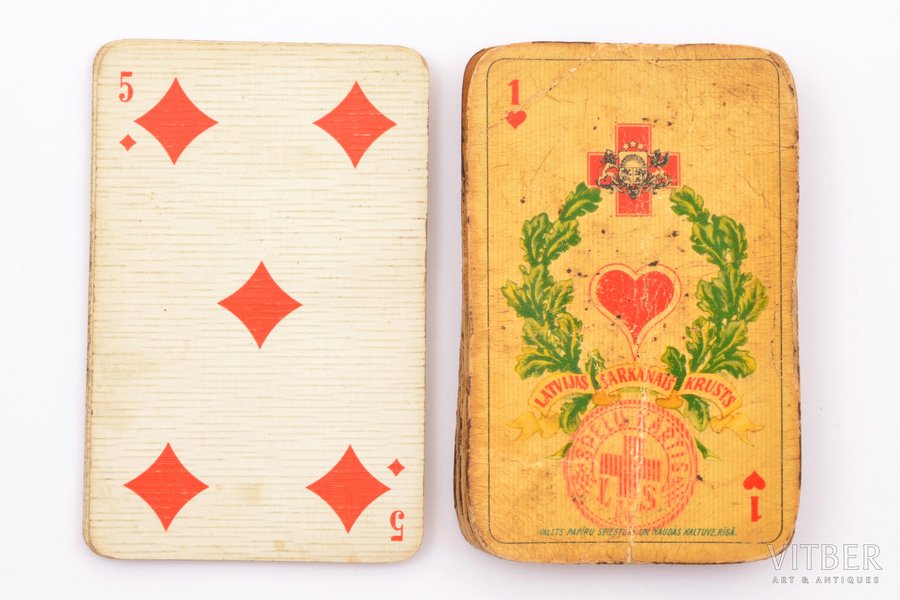 spēļu kārtis (nepilns komplekts), Latvijas Sarkanais Krusts, 17+5 kārtis, Latvija, 20. gs. 20-30tie g., kārts izmērs 6.4 x 4.3 cm