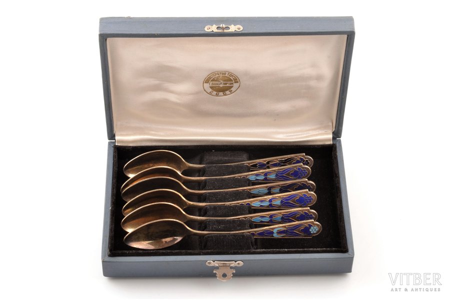 set of 6 teaspoons, silver, 875 standard, total weight of items 146.50, cloisonne enamel, 14.6 cm, 1958, Leningrad, USSR, in a box