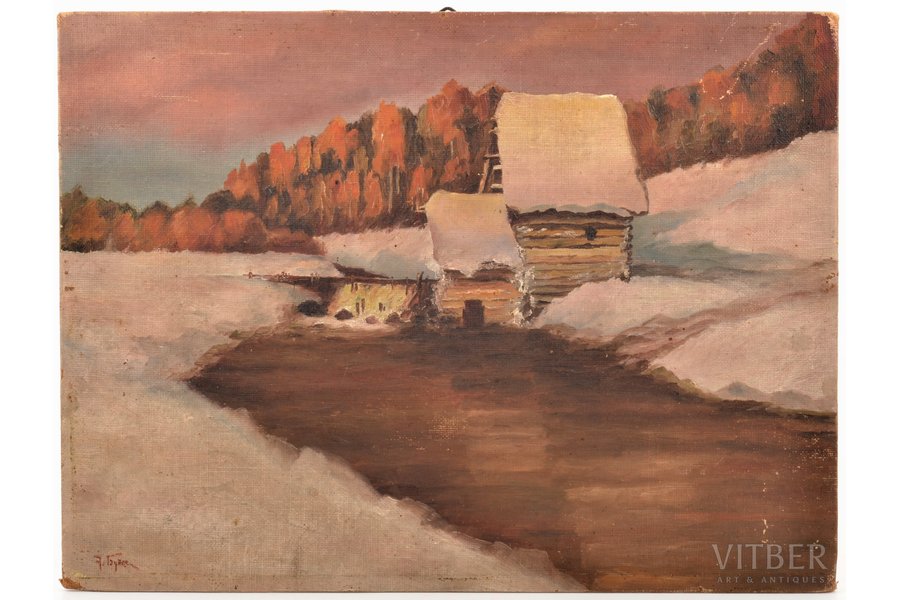 неизвестный автор, "Зимний пейзаж", 1915 г., холст дублирован на картоне, масло, 24 x 32 см