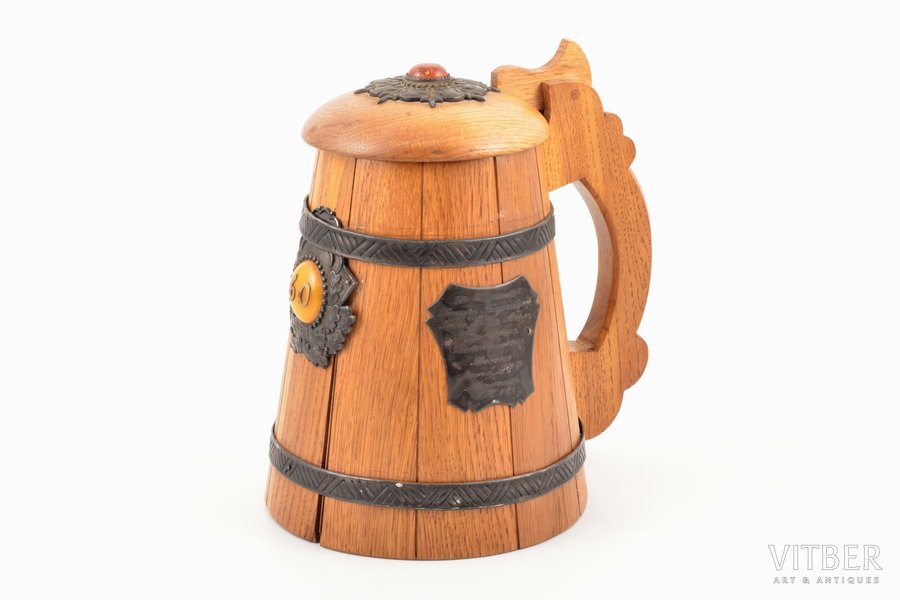 beer mug, silver, 830 standard, wood, amber, h 19.6 cm, the 50ies of 20th cent., Latvia, USSR