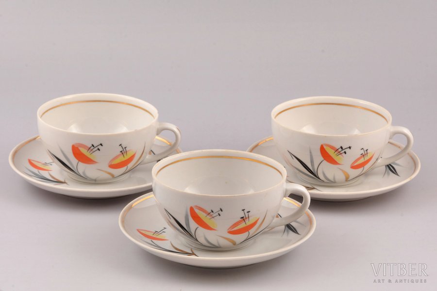 3 tea pairs, from service "Marijka", porcelain, Rīga porcelain factory, Riga (Latvia), USSR, the 60ies of 20th cent., h (cup) 5 cm, Ø (saucer) 14.1 cm, first grade