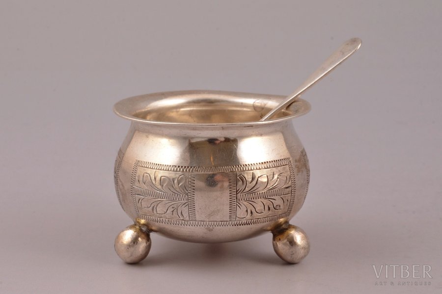 saltcellar with spoon for salt, silver, 84 standart, engraving, 1882, total weight of items 38.95g, Moscow, Russia, Ø 5 cm, h 3.8 cm, spoon for salt 7.4 cm, spoon is manufactured in 1880-1890
