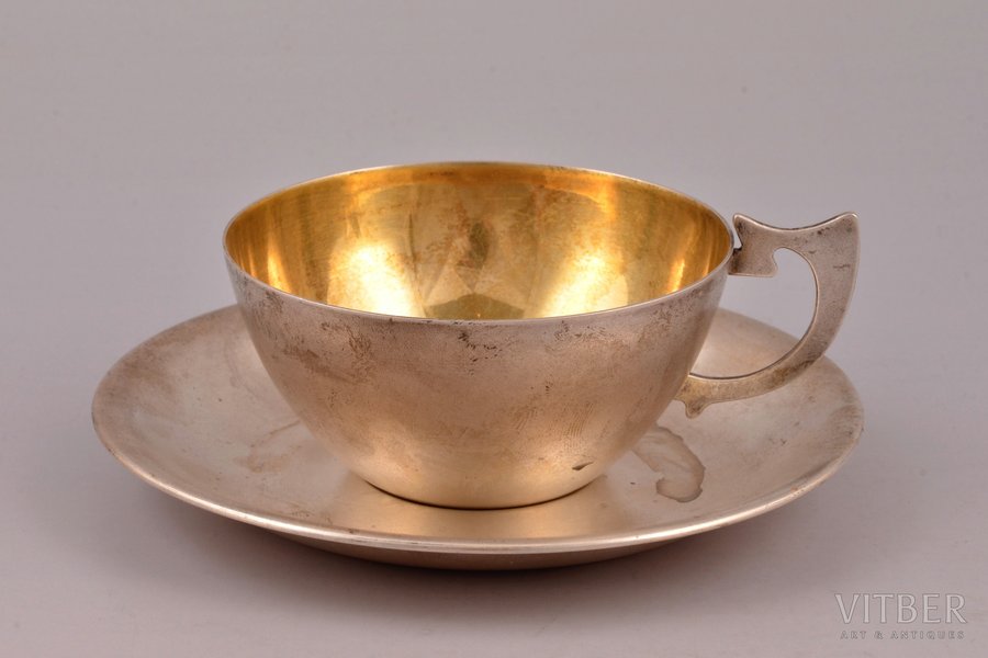 tea pair, silver, 875 standard, total weight of items 160.45, gilding, h (cup, with handle) 4.7 cm, Ø (saucer) 13.1 cm, Tallinn Jewelry Factory, 1950-1952, Tallin, Estonia, USSR