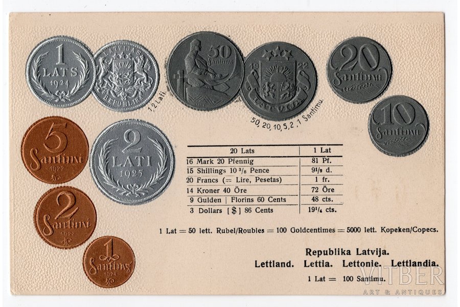 открытка, монеты Латвийской Республики, Латвия, 20-30е годы 20-го века, 14,4x9,2 см