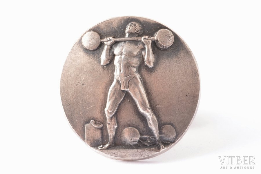 award, Weightlifting competition, silver, Latvia, 20-30ies of 20th cent., 27.2 x 26.8 mm, К.Wihtolin's workshop