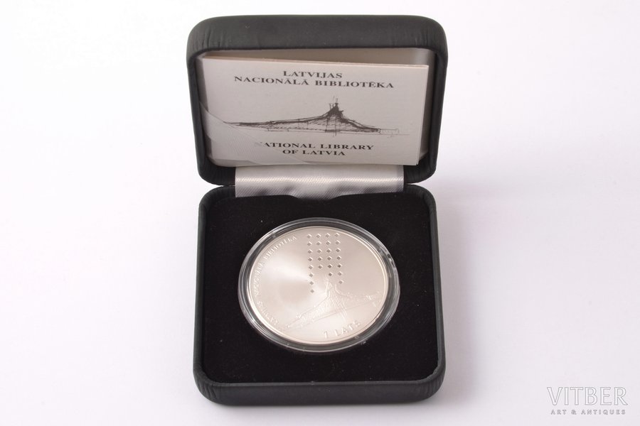 1 lat, 2002, National Library of Latvia, silver, Latvia, 31.47 g, Ø 38.61 mm, Proof, in a case