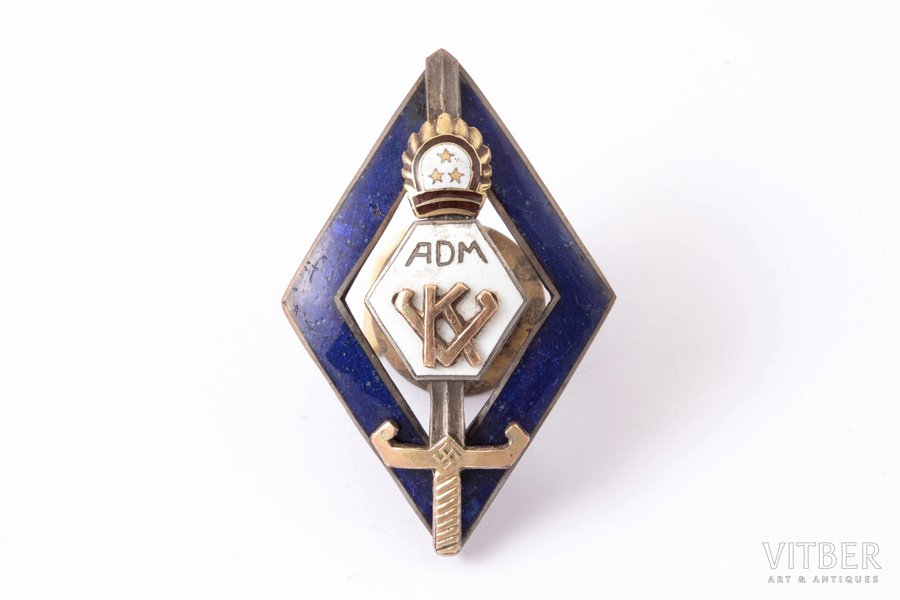 badge, Administrative service officer courses, Latvia, the 30ies of 20th cent., 45.4 x 29.8 mm, wear marks on enamel
