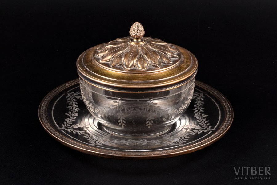 set, silver, 950 standard, weight of silver lid 84.55, gilding, glass, plate-tray Ø 17.4 cm, France