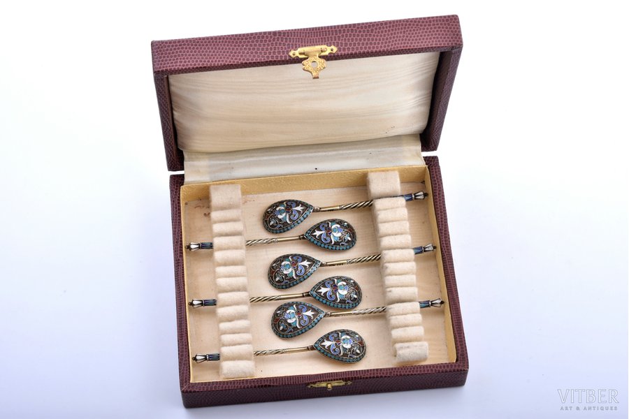 set of 6 teaspoons, silver, 84 standard, 77.60 g, cloisonne enamel, gilding, 10 cm, 1896-1907, Moscow, Russia, in a box