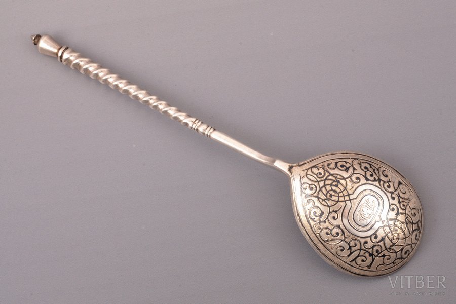 spoon, silver, 84 standard, 66.90 g, niello enamel, 19 cm, 1873, Moscow, Russia