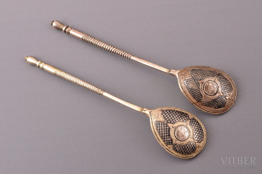 pair of coffee spoons, silver, 84 standard, total weight of items 27.30, niello enamel, gilding, 11.5 cm, Master Vekman Andrey Vilhelm, 1870, Moscow, Russia