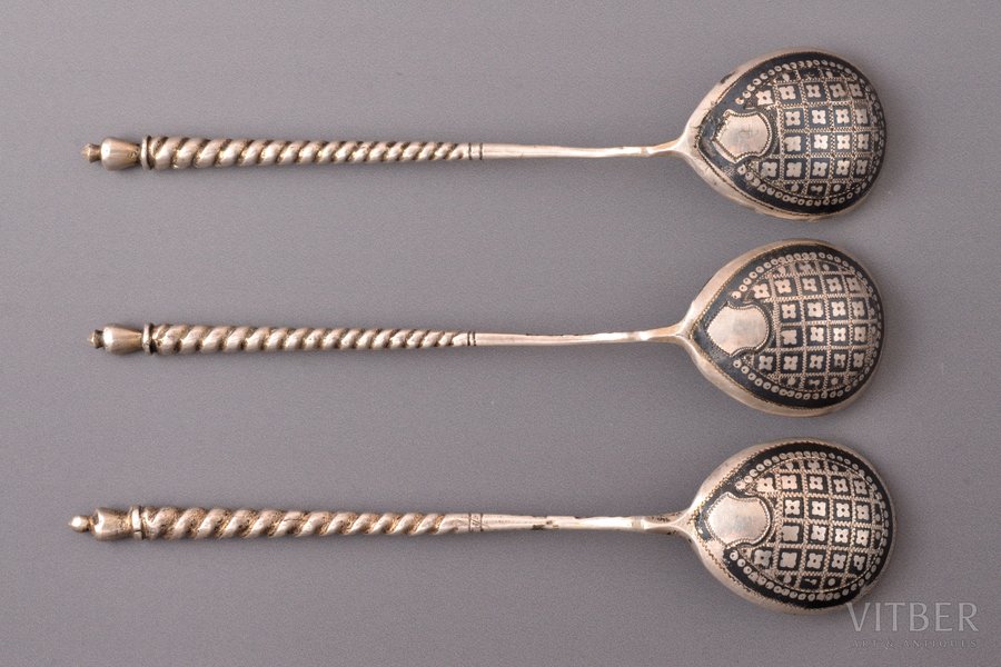 set of 3 teaspoons, silver, 84 standard, total weight of items 52.25, niello enamel, 13.1 cm, by Guryanov Nikolay, 1868-1883, Moscow, Russia