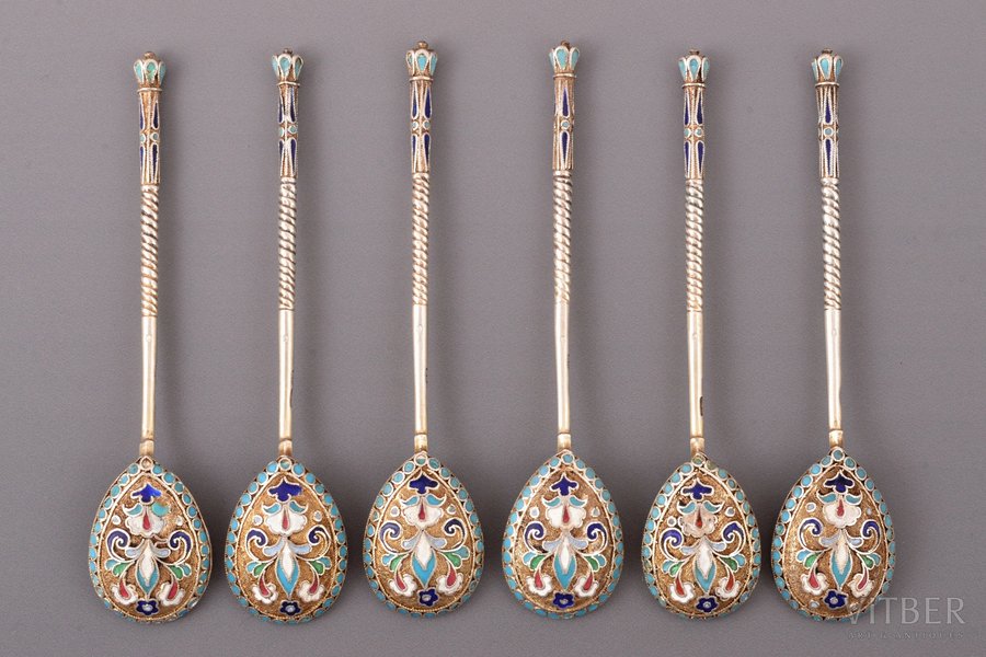 set of 6 coffee spoons, silver, 84 standard, total weight of items 88.55, cloisonne enamel, 11 cm, Andreyeva Matryona, 1908-1917, Moscow, Russia