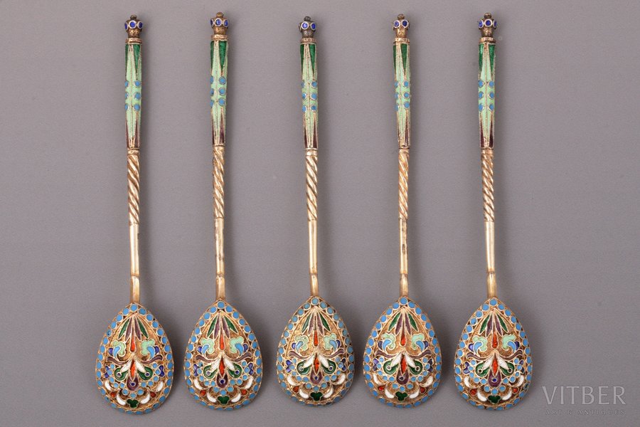 set of 5 coffee spoons, silver, 84 standard, total weight of items 79.35, cloisonne enamel, 11.4 cm, 1908-1917, Moscow, Russia